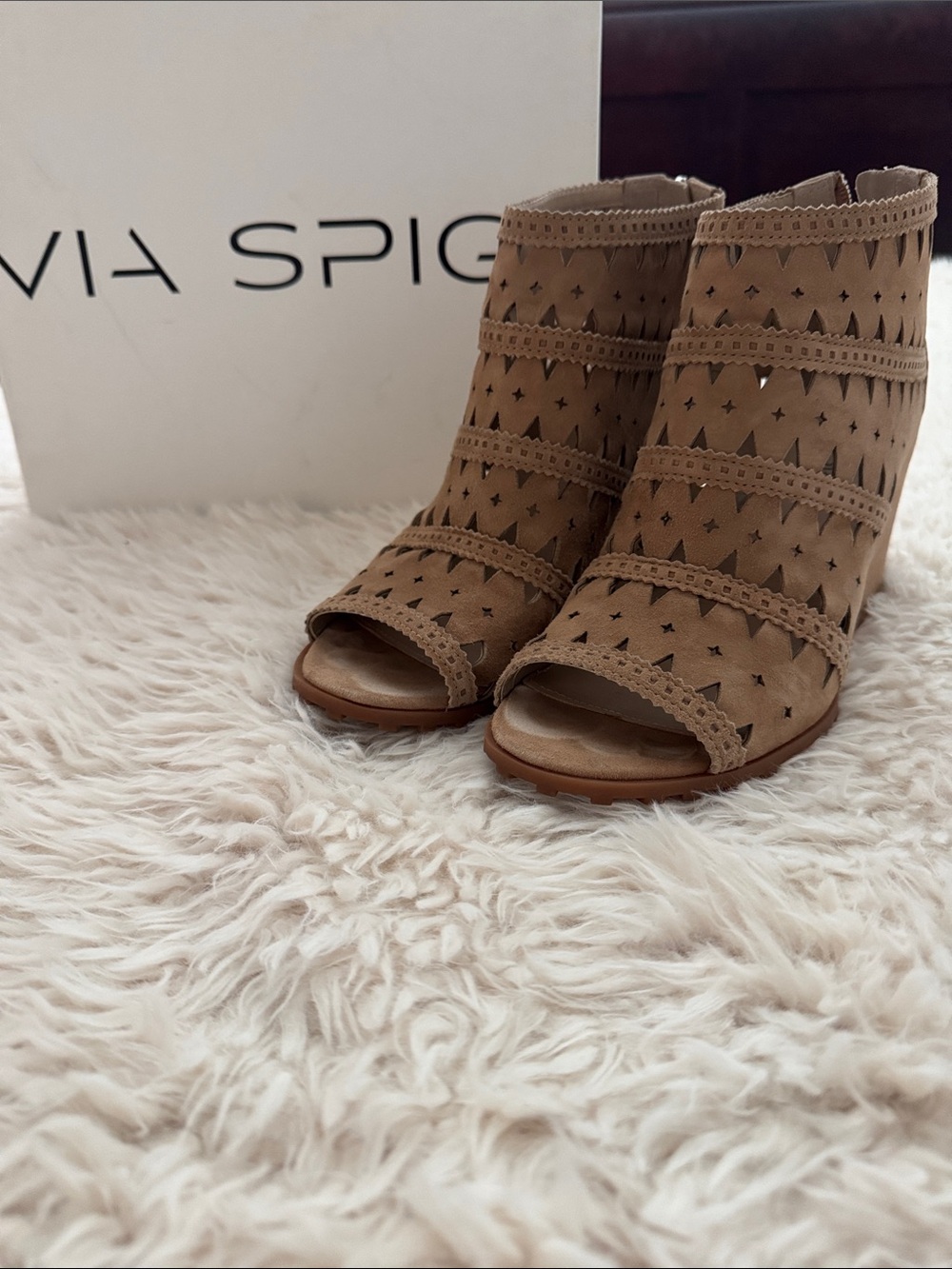 Via Spiga Tan Perforated Peep-Toe Heeled Booties